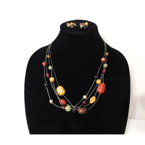 Multicolor Bead Necklace Pierced Earrings Set 4 Strand Wire Adjustable - Picture 3 of 10